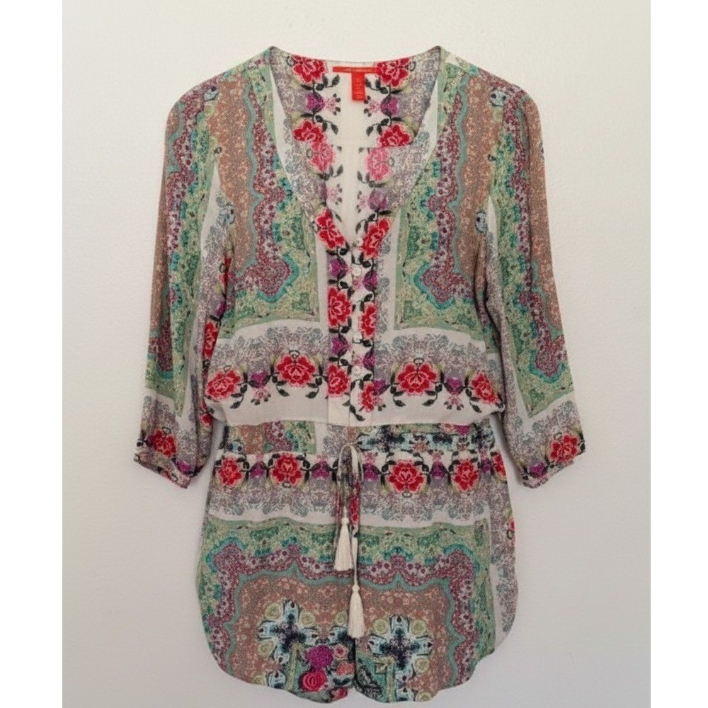 Chelsea & Violet Romper Sz M Boho Floral Paisley Tassel Drawstring Festival